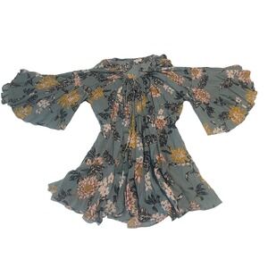 00713 Umgee USA Boho Floral Bell Sleeve Tassel Tunic Womens Med Teal Pink Yellow